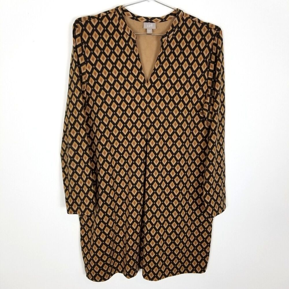 J. Jill Women 3/4 Sleeve Knee-Length Dresses‎ Size L Stretch Brown Printed